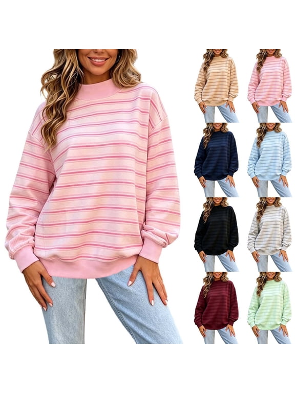 Womens Striped Mock Neck Sweatshirt Long Sleeve Drop Shoulder Loose Pullover Top