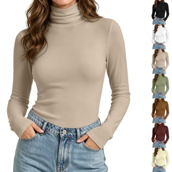 Jowdiw Womens Turtleneck Long Sleeve Top Slim Fit Stretch Basic Layering Casual Top
