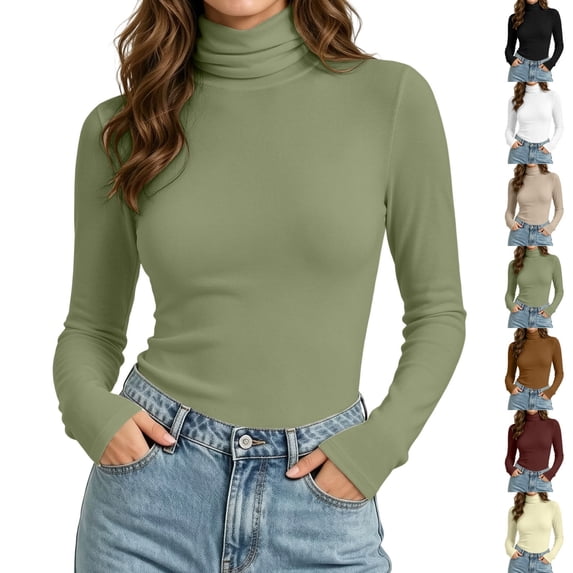Jowdiw Womens Turtleneck Long Sleeve Top Slim Fit Stretch Basic Layering Casual Shirt