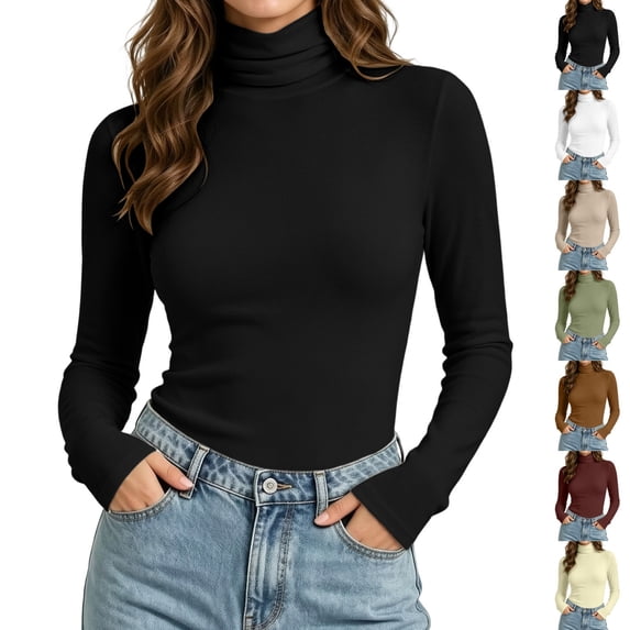 Jowdiw Womens Turtleneck Long Sleeve Top Slim Fit Stretch Basic Layering Casual Top