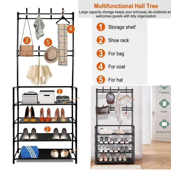 Entryway Coat Rack, Versatile Hall Tree with Shoe Bench Storage Organize, Freestanding Coat Rack and Shoe Shelf Bench, for Living Room Bedroom Hallway Office, Black