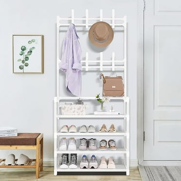 Jowenia 4 Tier Coat Rack with Shoe Storage, Freestanding Hall Tree Shoe Bench for Entryway Bench, Hall Tree Hat and Shoe Storage Rack, with 4 Shoe Storages, 8 Removable Hooks, White