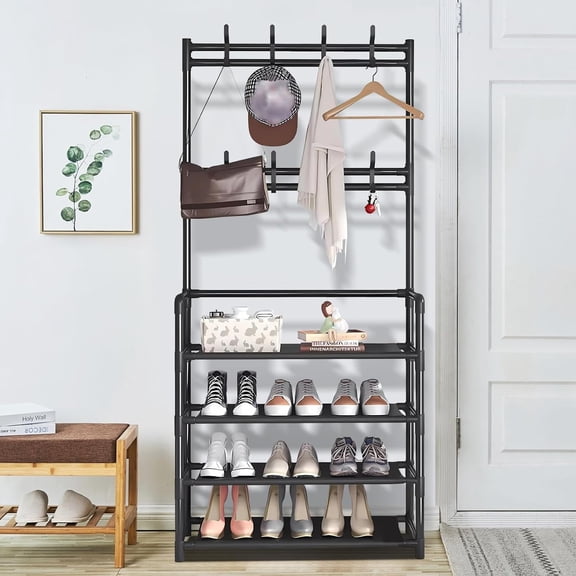 Entryway Coat Rack, Versatile Hall Tree with Shoe Bench Storage Organize, Freestanding Coat Rack and Shoe Shelf Bench, for Living Room Bedroom Hallway Office, Black