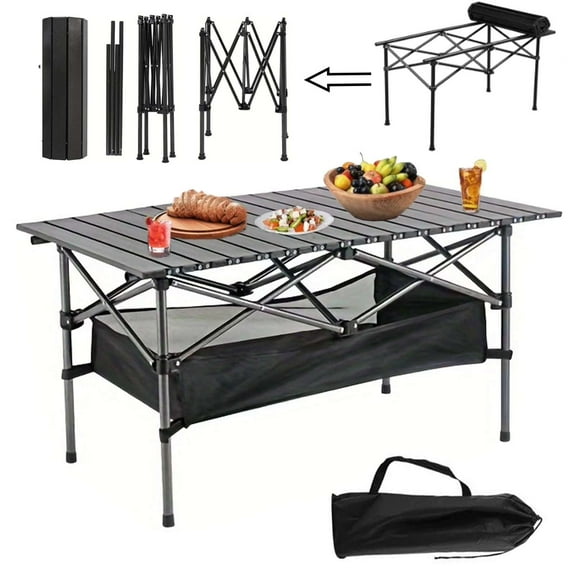 Jowenia Folding Camping Table with Carrying Bag, Portable Lightweight Roll-up Picnic Table for Outdoor, Camping, Beach, BBQ, Patio, 37.4x21.6x19.7in (Black)
