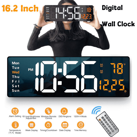 Jowenia Large Digital Wall Clock with Remote Control, 16" LED Display Count Up & Down Timer, Adjustable Brightness Alarm Clock with Day/Date/Temperature for Home, Gym, Office