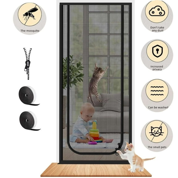 Jowenia Reinforced Cat Screen Door, Pets Proof Screen Door with Bilateral Zipper, Prevent Dogs Cats Running Out from Home, Bedroom, Black U, 33.5'' * 80''