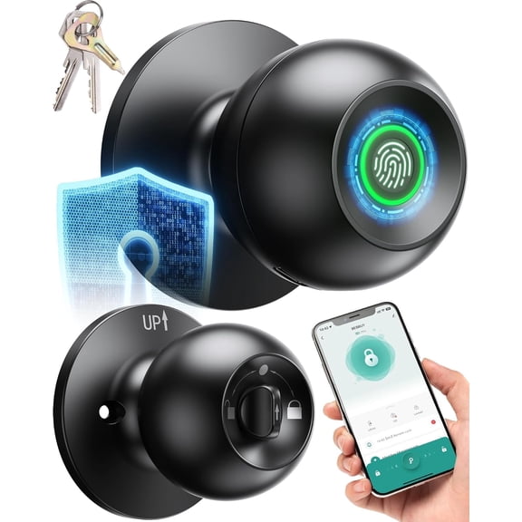 Jowenia Smart Door Lock, Fingerprint Door Lock Knob with Lock & Key App Control, for Doors with Thickness of 33-55mm for Home, Cloakroom, Offices, Hotels, Bedroom - Black
