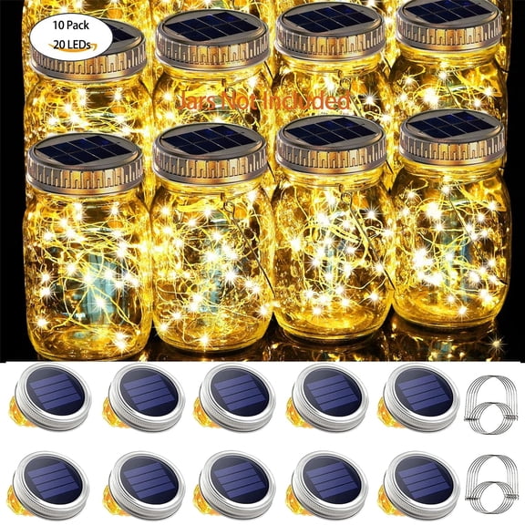 Jowenia Solar Mason Jar Lids String Lights, 10 Pack 20 LEDs Solar Fairy Lights with Hangers, Waterproof Outdoor Hanging Lights Lanterns Patio Yard Garden Wedding Decoration - Warm White