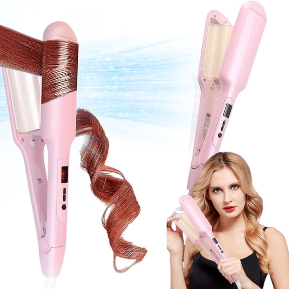 Curling Iron, Hair Crimper, Wave Hair Curler Tool, Curling Wand with Anti-Scald, Fast Heating, Corded Hair Accessories for Women Girls, Pink include 2 * Hair Clips 1 * Comb