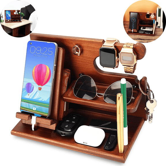 Jowenia Wood Phone Docking Station, Nightstand Key Holder Stand Watch Organizer for Men Gift, Hand Crafted for Dad Mens Organizer Station (Brown)