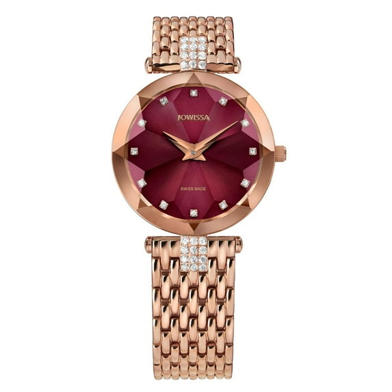Jowissa Facet Strass Rose Gold Plated Swiss Quartz 29.5mm Case Women's Watch, 15mm Band - Burgundy Dial