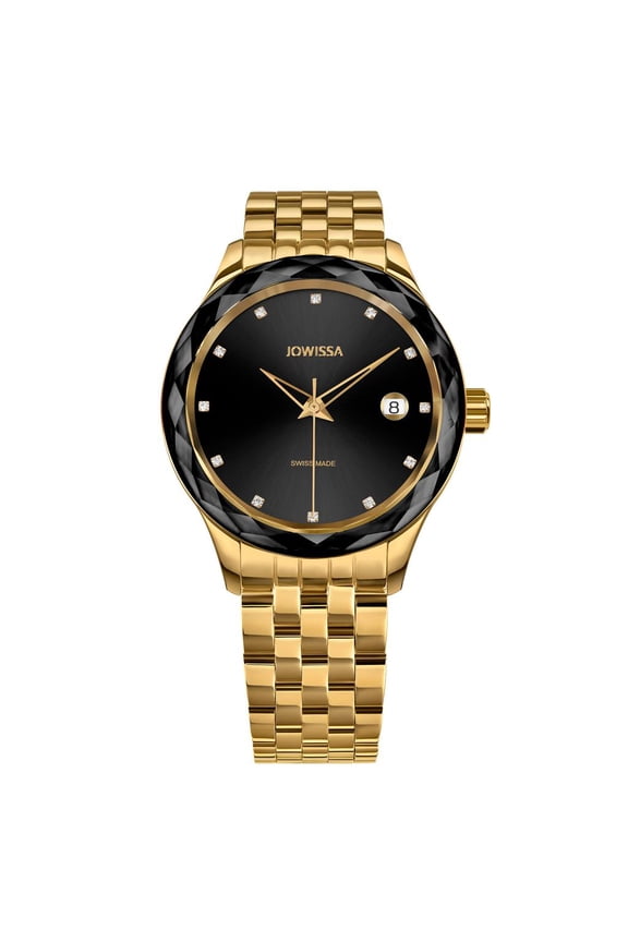 Jowissa TIRO, Brilliant-Cut, Gold Plated Swiss Quartz 38mm Case Women's Watch, 18mm Band - Black Dial