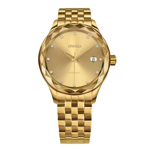 Jowissa TIRO, Brilliant-Cut, Gold Plated Swiss Quartz 38mm Case Women's Watch, 18mm Band - Gold Dial