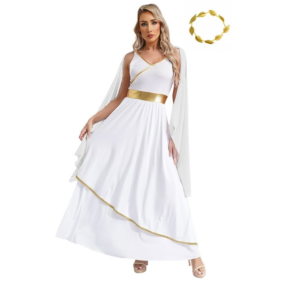 Jowowha 2 Pcs Golden Greek Women Toga Dress Party Dress with Crown Leaf Headwear White XXL