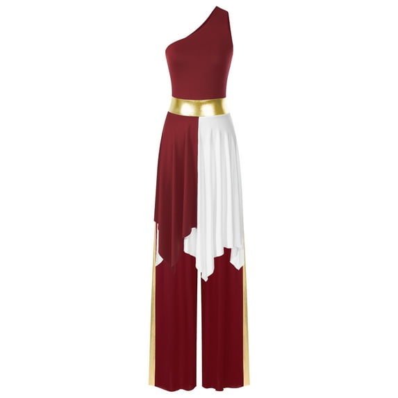 Jowowha 2Pcs Women Asymmetrical Praise Dance Dress with Metallic Patchwork Wide-Leg Pants Burgundy L