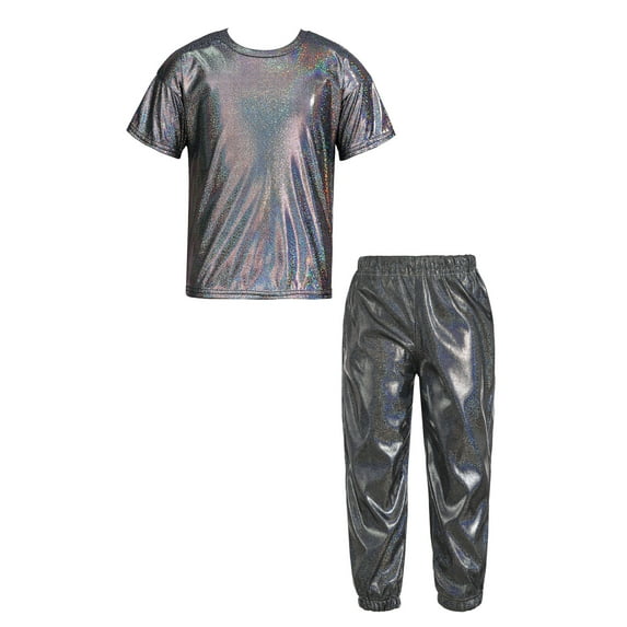 Jowowha Boys Girls Hip Hop Dance Outfit Jazz Dancewear Kids Modern Dance Shirt Shiny Metallic Tops Black 130