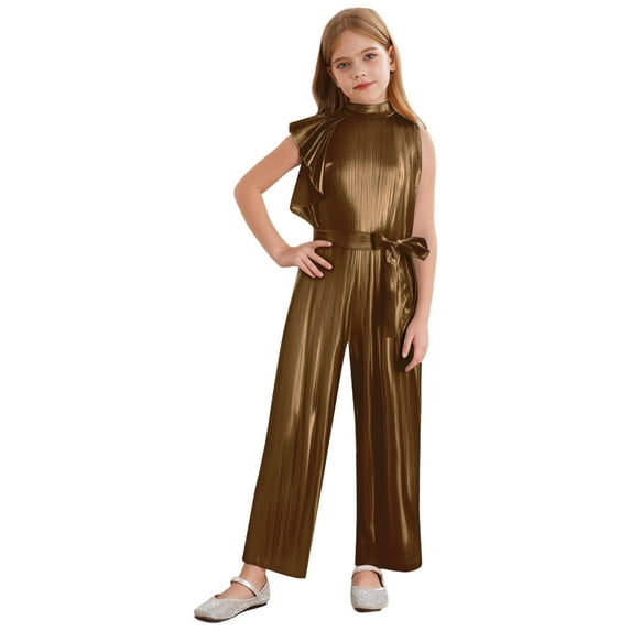 Jowowha Children's girl sleeveless metal birthday party jumpsuit simulation neck parade dance jumpsuit dress Gold 12