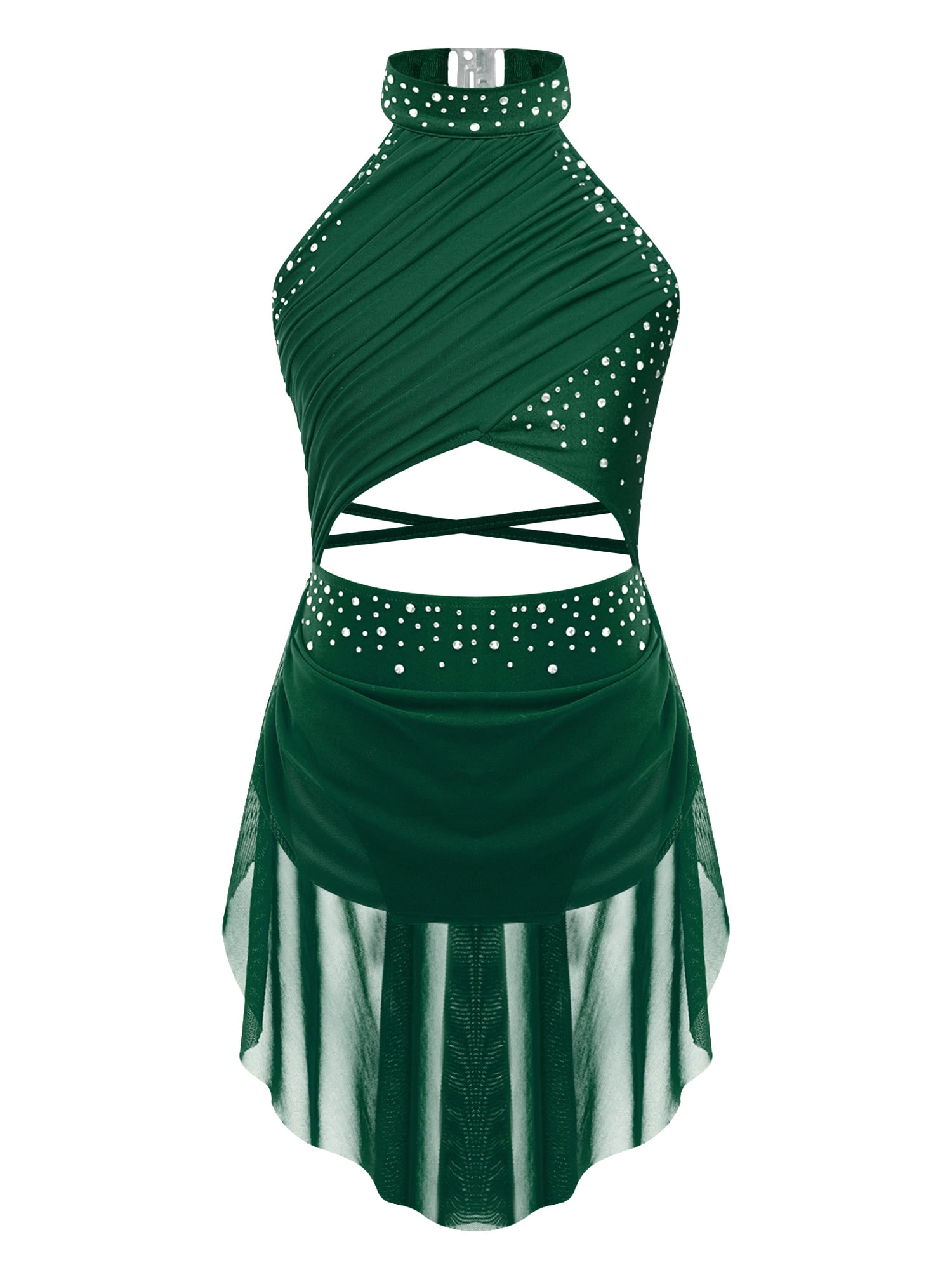 dark green dance dress Jowowha Girl's Lyrical Dance Costume Irregular High-Low Skirt Sequins  Halter Neck Figure Skating Green 16