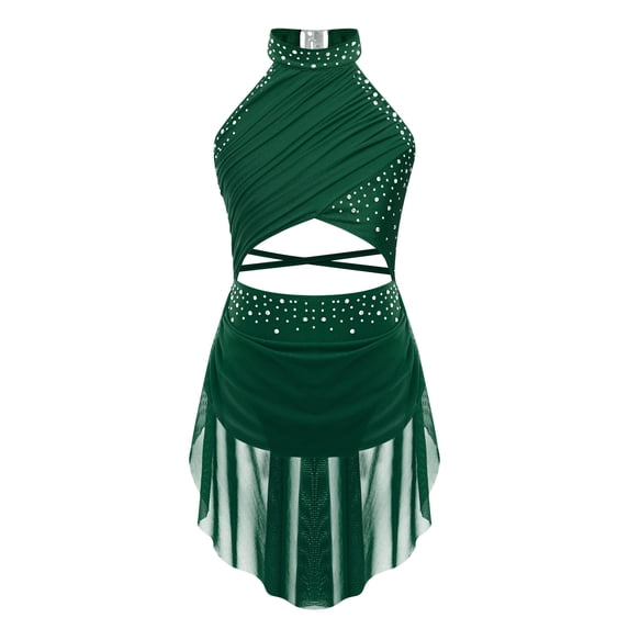 Jowowha Girl's Lyrical Dance Costume Irregular High-Low Skirt Sequins Halter Neck Figure Skating Green 8