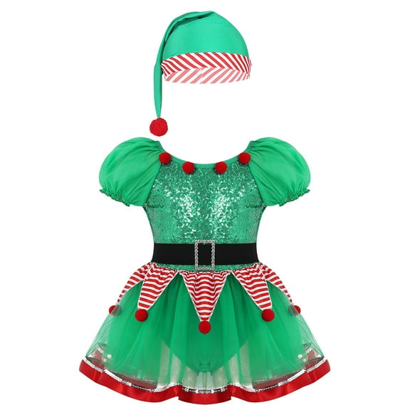 Jowowha Girls Christmas Elf Elves Santa Claus Costume Sequined Figure Ice Skating Ballet Dance Tutu Green 7