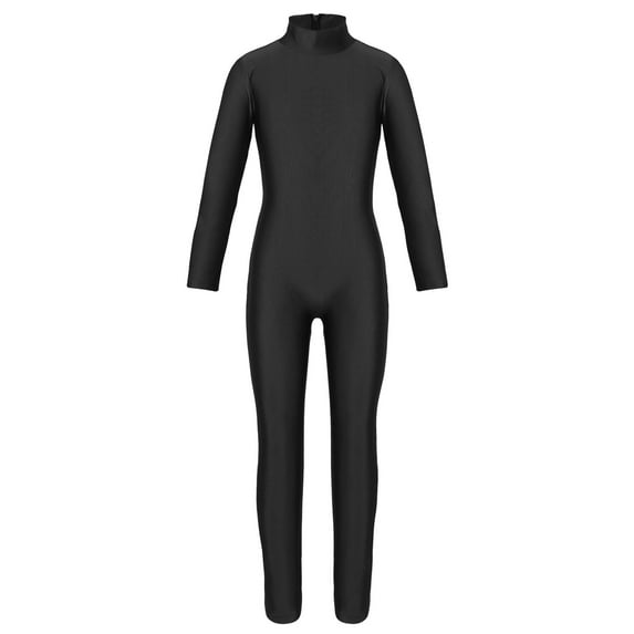 Jowowha Girls Gymnastics Catsuit Mock Neck Solid Color Long Sleeves Full Body Zippered Leotard Black 5XL