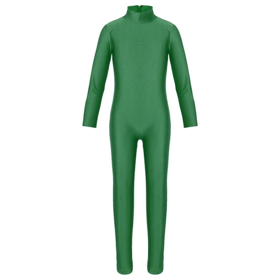 Jowowha Girls Gymnastics Catsuit Mock Neck Solid Color Long Sleeves Full Body Zippered Leotard Green M