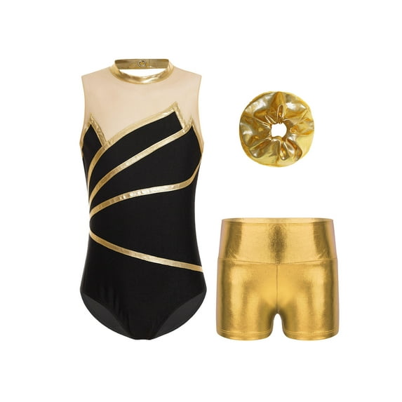 Jowowha Girls Gymnastics Outfits Kids Sleeveless Mesh Splice Tank Leotard with Shorts Dance Ballet Gold 8