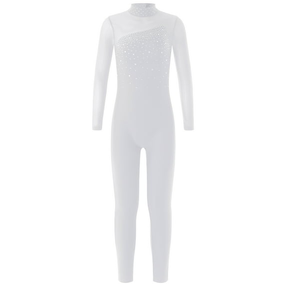 Jowowha Girls Kids Full Body Skating Jumpsuit Gymnastics Leotards Long Sleeve Dance Unitard One Piece White 8