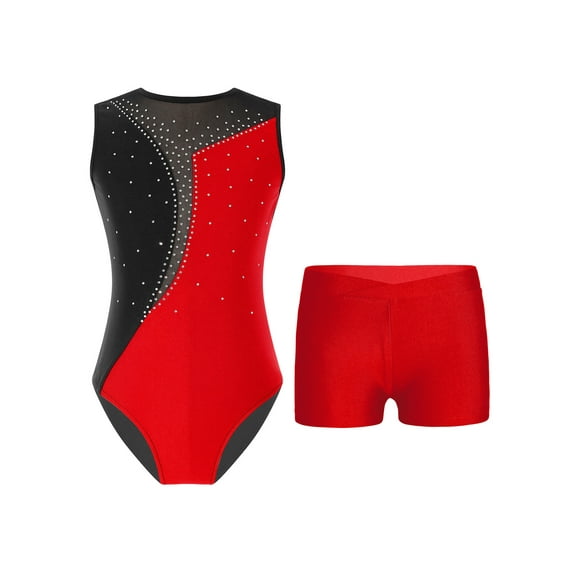 Jowowha Girls Shinny Rhinestone Gymnastics Leotard 2pcs Sleeveless Mesh Spliced Bodysuit with Shorts Red 14