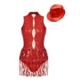 thumbnail image 1 of Jowowha Glittery Sparkly Bodysuit For Women Fringe Dance Leotard with Hat Latin Jazz Ballroom Red M, 1 of 7