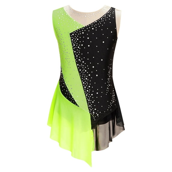 Jowowha Kid Girls Gymnastics Shiny Rhinestone Dance Clothes Mesh Patchwork Sleeveless Bodysuit Fluorescent Yellow 16