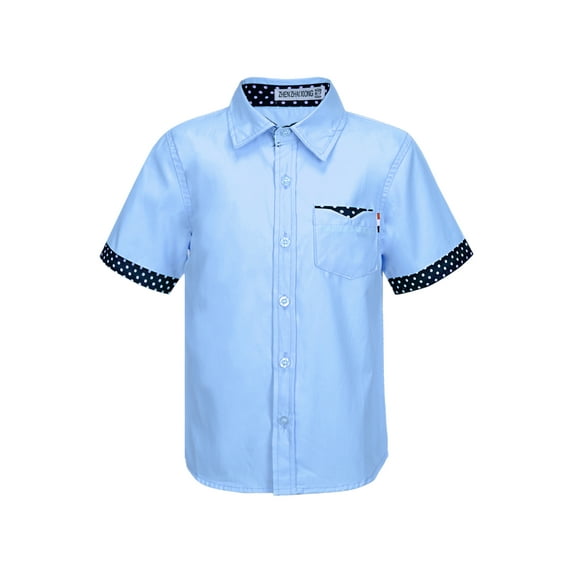 Jowowha Kids Boys Casual Short Sleeve Dress Shirts Turndown Collar Button Closure Polka Dots Print Blue 150