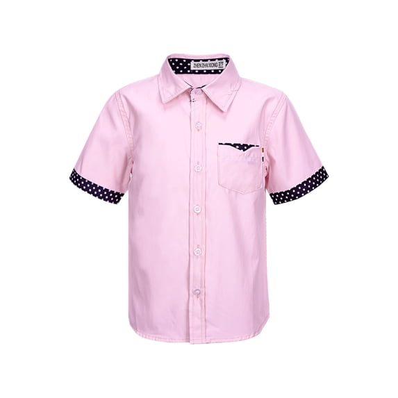 Jowowha Kids Boys Casual Short Sleeve Dress Shirts Turndown Collar Button Closure Polka Dots Print Pink 140