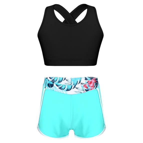 Jowowha Kids Girls 2 Piece Dance Sport Outfit Crop Top with Shorts Set for Gymnastics Dancing or Leaf 14
