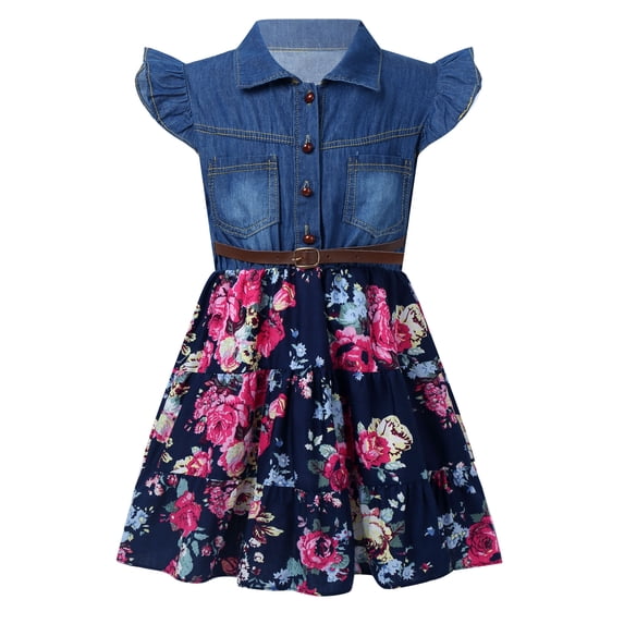 Jowowha Kids Girls Flutter Sleeve Denim Top Summer Casual Floral Printed Dress Princess Dress Swing Navy Blue 6