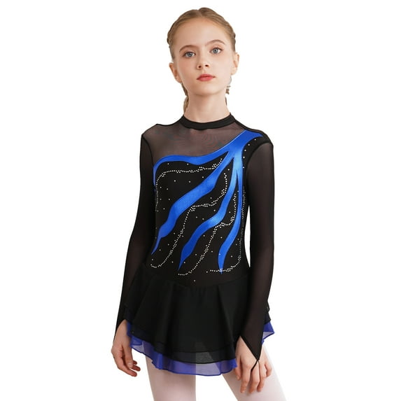 Jowowha Kids Girls Shiny Ice Figure Skating Dress Mesh Long Sleeve Roller Skating Dance Competition Royal Blue 10