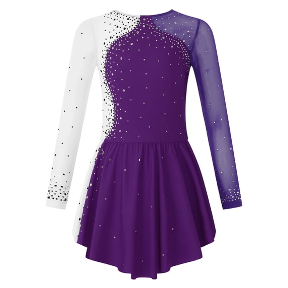 Jowowha Kids Girls Shiny Long Sleeve Figure Ice Skating Gymnastics Leotard Dress Ballet Dance Dress Purple 10
