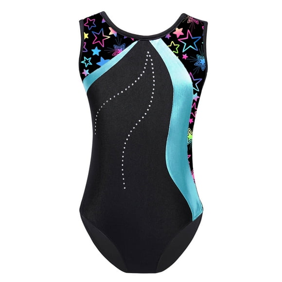 Jowowha Kids Girls Shiny Metallic Ballet Dance Unitards Sleeveless Color Block Gymnastics Leotard Cyan 8