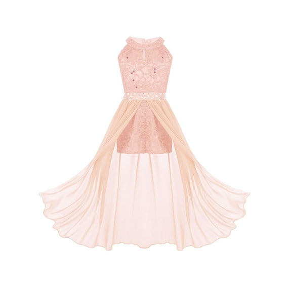 Jowowha Kids Girls Sleeveless Floral Lace Shiny Rhinestone Maxi Dress Birthday Party Formal Dance Coral 8