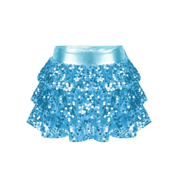 Jowowha Kids Girls Sparkly Sequins Tiered Shorts Mini Skirts Shiny Latin Jazz Salsa Rumba Dance Light Blue 10