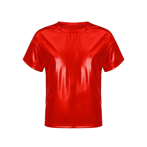 Jowowha Kids Shiny Metallic T-Shirts for Boys Girls Short Sleeve Dance Tops Hip Hop Jazz Dance Red 140