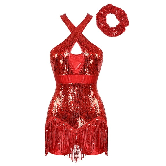 Jowowha Latin Dance Dress for Womens Sequin Tassel Fringe Flapper Dress 1920s Cocktail Dress Tango Red XL