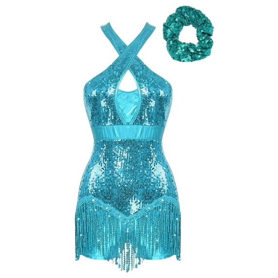 Jowowha Latin Dance Dress for Womens Sequin Tassel Fringe Flapper Dress 1920s Cocktail Dress Tango Sky Blue S