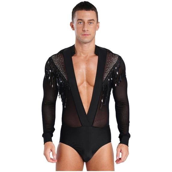 Jowowha Men's Latin Dance Leotard Sequined Tassels Bodyshirt Rhinestones Samba Tango Long Sleeve Shirt Top Black XL