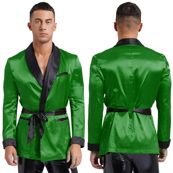 Jowowha Men's Satin Smoking Jacket Robe Lapel Long Sleeve Kimono Bathrobe with Belt Nightwear Green 3XL