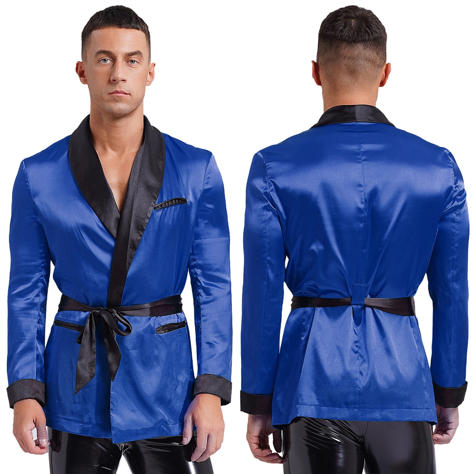Jowowha Men's Satin Smoking Jacket Robe Lapel Long Sleeve Kimono ...