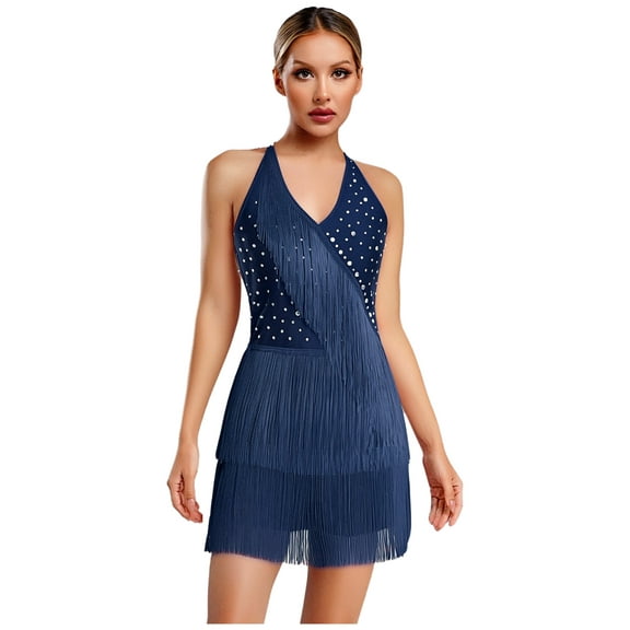 Jowowha Rhinestones Fringe Bodysuit Women's Cocktail Ballroom Rumba Salsa Dance Leotard Romper Navy Blue 3XL