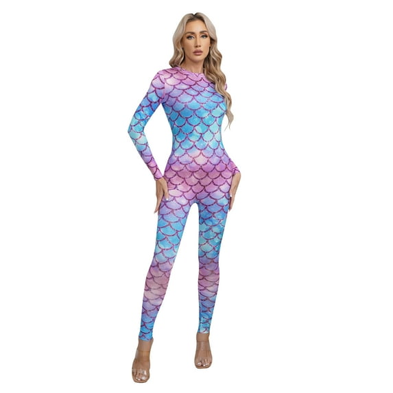 Jowowha Women Adult One Piece Mermaid Cosplay Long Jumpsuit Halloween Party Dress Up Long Bodysuit Type G M