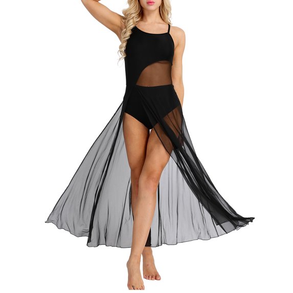 Jowowha Women Girls Lyrical Mesh Maxi Length Ballet Dance Dresses Spaghetti Strap Camisole Built-In Black S