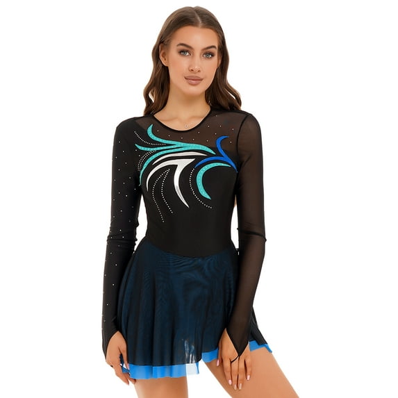 Jowowha Women Glittery Figure Skating Dresses Rhinestone Mesh Splice Lyrcial Dresses Contemporary Blue Green XXL